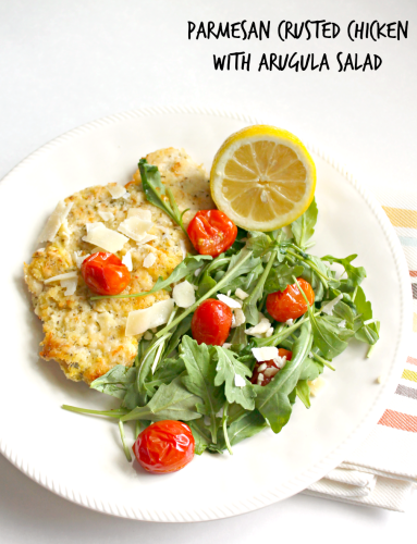 Parmesan Crusted Chicken with Arugula Salad  for #SundaySupper