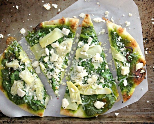 Spinach Artichoke and Pesto Naan with Feta