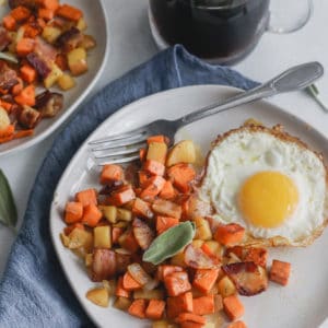 If you're in a hurry, while the sweet potatoes are softening in the skillet, you can start making eggs and/or coffee. I'm a big fan of multi prep so that as soon as my meal is done cooking, I can dig right in.