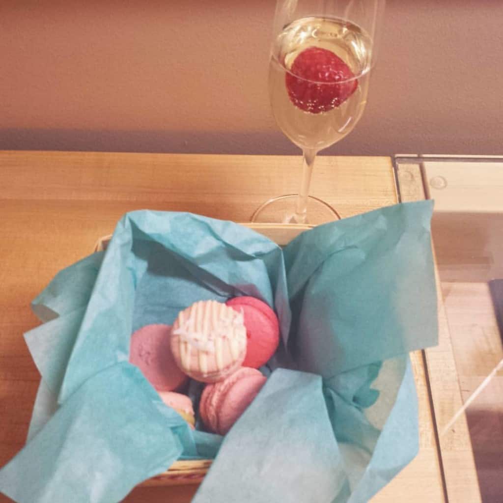 the best welcome: champagne, and macaroons from Chocolate Pi