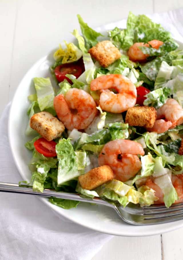 Buffalo Shrimp Caesar Salad - the easiest salad you'll ever make! | casadecrews.com