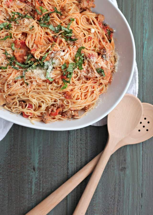 quick, one pot Angel Hair Pasta with Sausage, and Tomato Cream