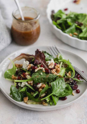winter spring mix salad with a fig jam vinaigrette