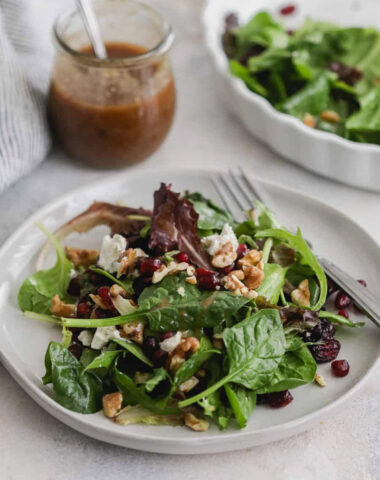 winter spring mix salad with a fig jam vinaigrette