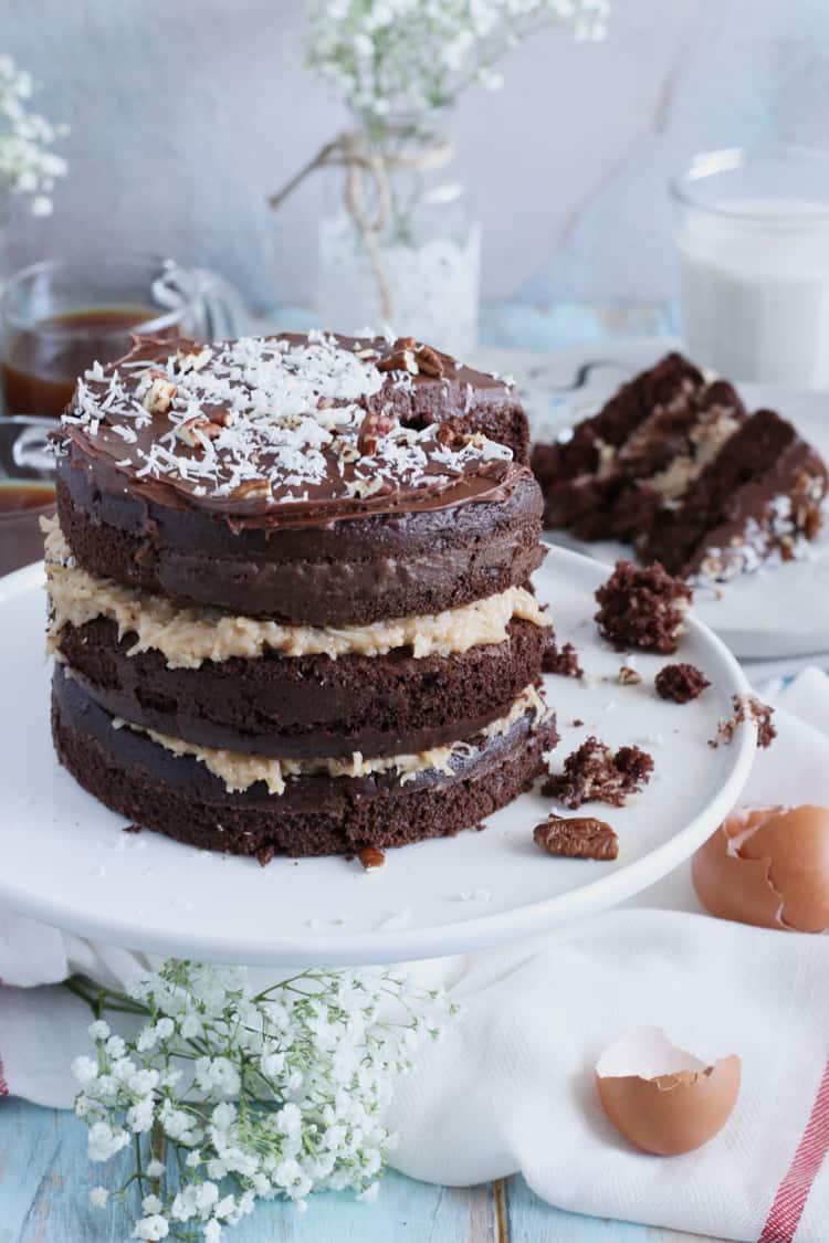 Boxed Chocolate Cake Mix, layered with homemade sweet coconut and pecan filling, give this classic cake a more modern look!