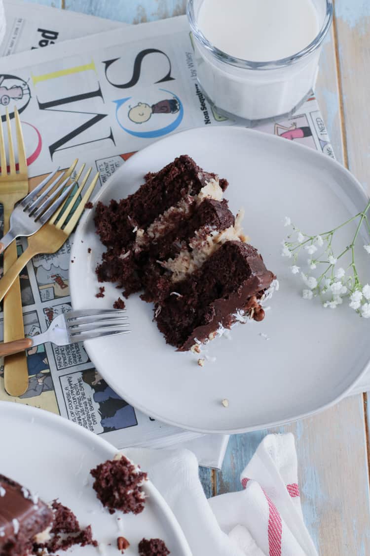 Boxed Chocolate Cake Mix, layered with homemade sweet coconut and pecan filling, give this classic cake a more modern look!