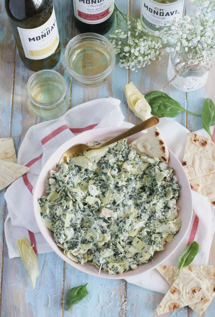 Shrimp Spinach Artichoke Dip [Lightened Up]: Creamy, rich, and loaded with chopped shrimp! Perfect for a party.