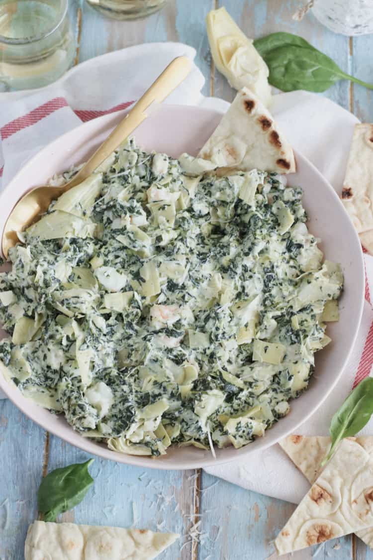 Shrimp Spinach Artichoke Dip [Lightened Up]: Creamy, rich, and loaded with chopped shrimp! Perfect for a party.