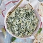 Shrimp Spinach Artichoke Dip [Lightened Up]: Creamy, rich, and loaded with chopped shrimp! Perfect for a party.