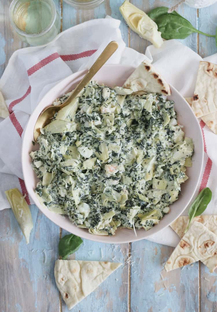 Shrimp Spinach Artichoke Dip [Lightened Up]: Creamy, rich, and loaded with chopped shrimp! Perfect for a party.