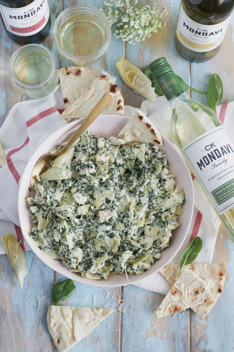 Shrimp Spinach Artichoke Dip [Lightened Up]: Creamy, rich, and loaded with chopped shrimp! Perfect for a party.