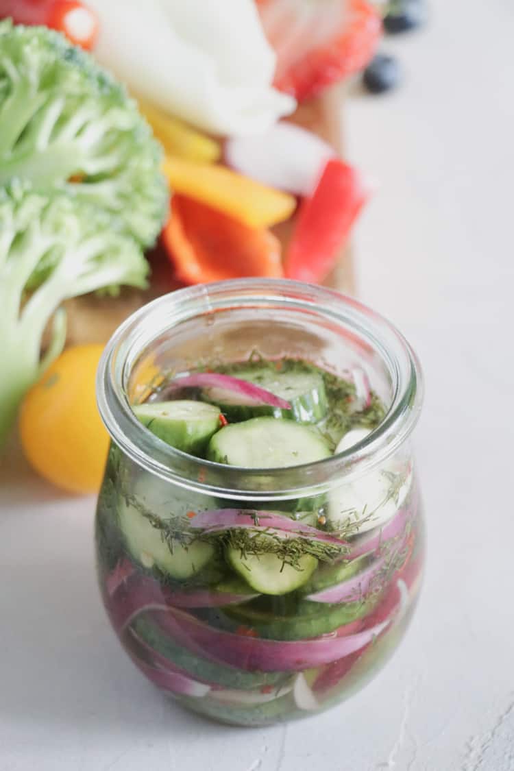 Easy homemade dill pickles. This pickle recipe is full of flavor thanks to fresh dill and garlic, with red onion. No canning is required to get crunchy, and delicious refrigerator pickles!
