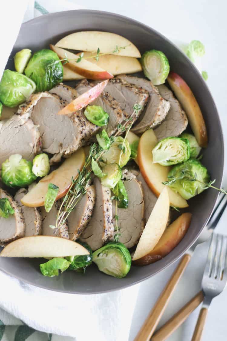 slow cooker pork tenderloin with apples + brussels sprouts