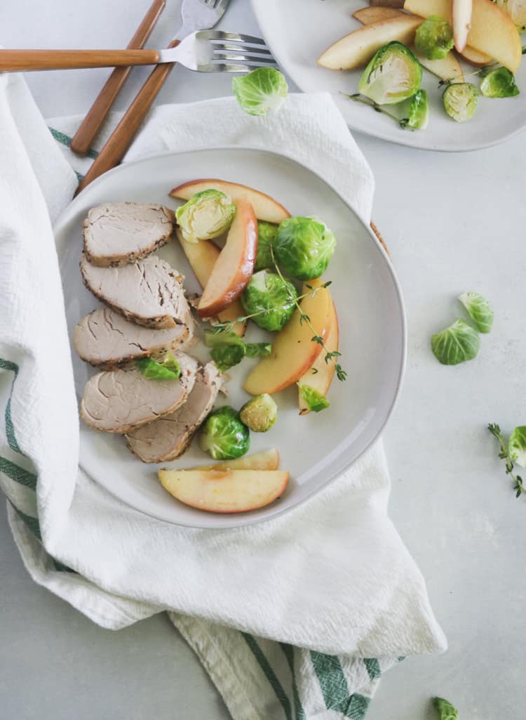 slow cooker pork tenderloin with apples + brussels sprouts