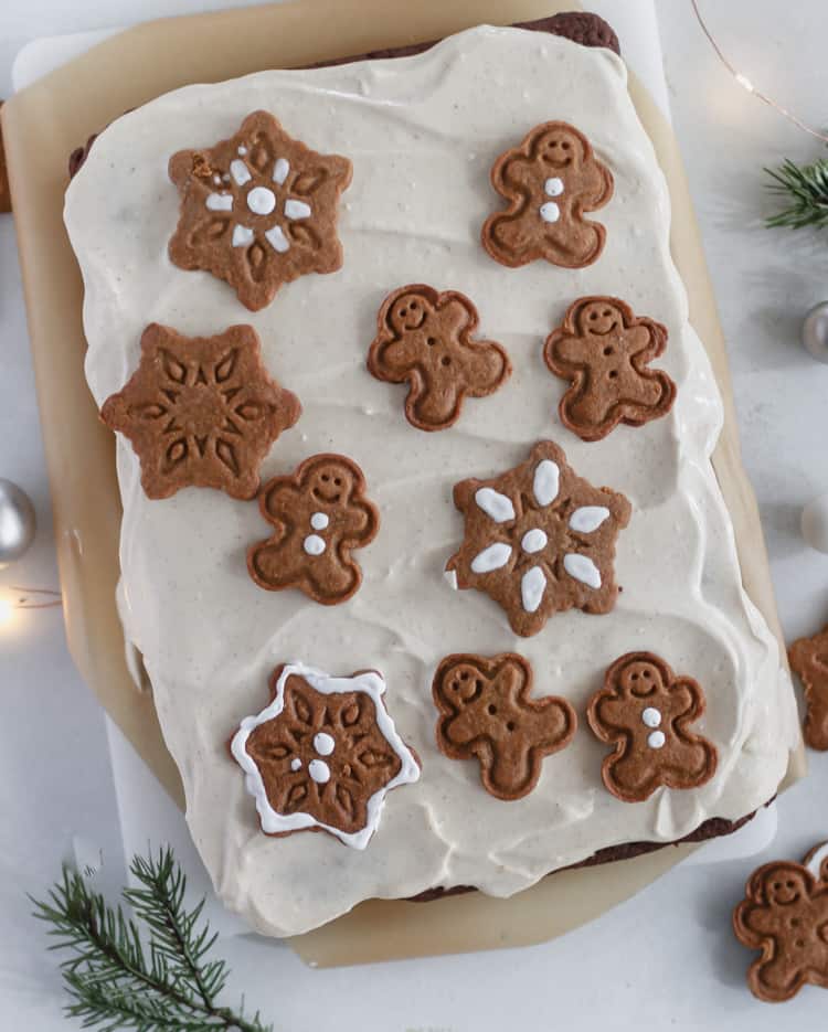 spelt flour gingerbread sheet cake with a maple chai cream cheese frosting