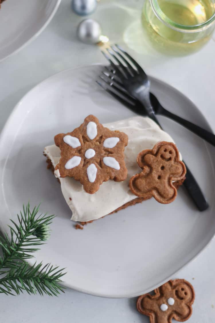 spelt flour gingerbread sheet cake with a maple chai cream cheese frosting