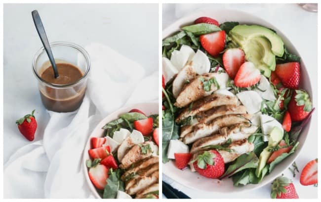 strawberry caprese chicken salad with a maple balsamic vinaigrette