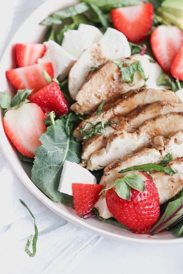 strawberry caprese chicken salad with a maple balsamic vinaigrette