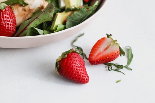 strawberry caprese chicken salad with a maple balsamic vinaigrette