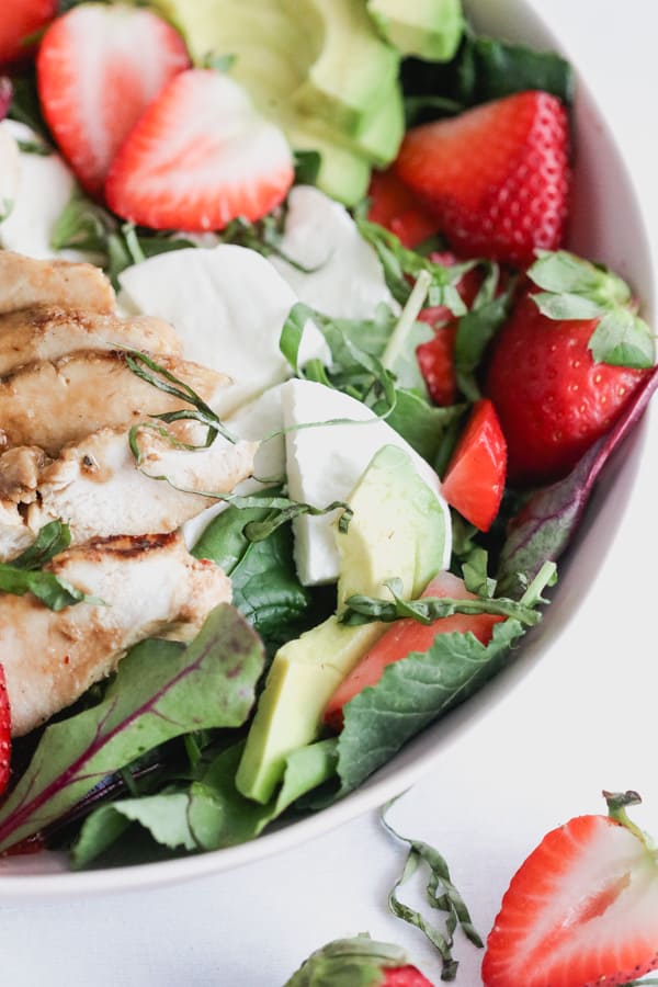 strawberry caprese chicken salad with a maple balsamic vinaigrette