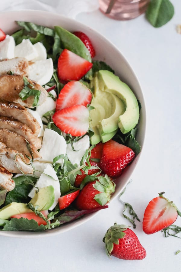 strawberry caprese chicken salad with a maple balsamic vinaigrette