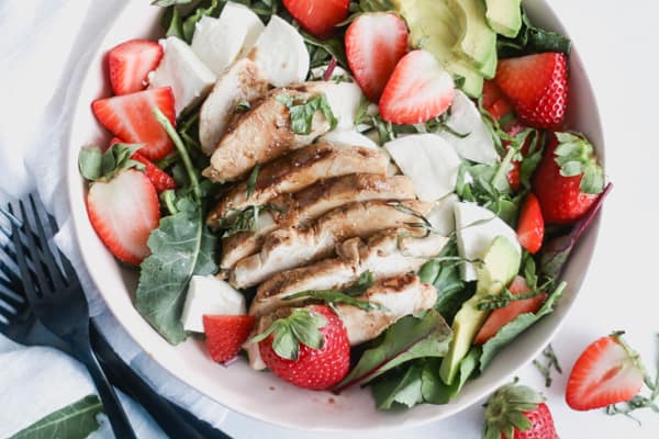 strawberry caprese chicken salad with a maple balsamic vinaigrette