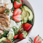 strawberry caprese chicken salad with a maple balsamic vinaigrette