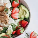 strawberry caprese chicken salad with a maple balsamic vinaigrette