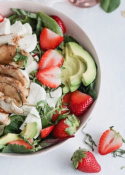 strawberry caprese chicken salad with a maple balsamic vinaigrette