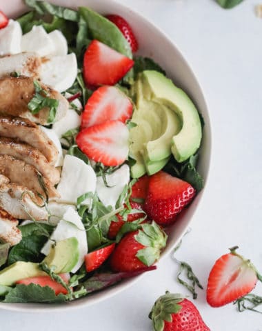 strawberry caprese chicken salad with a maple balsamic vinaigrette