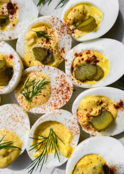 southern deviled eggs with relish and pickle juice - decorative photo