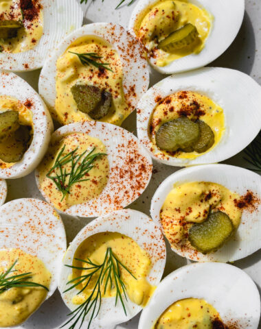southern deviled eggs with relish and pickle juice - decorative photo