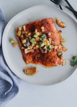 whole30 blackened salmon with peach avocado salsa