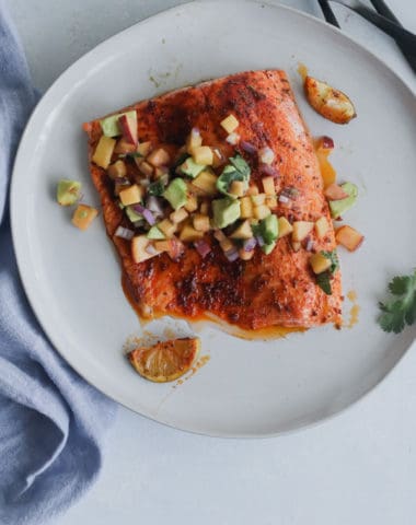 whole30 blackened salmon with peach avocado salsa