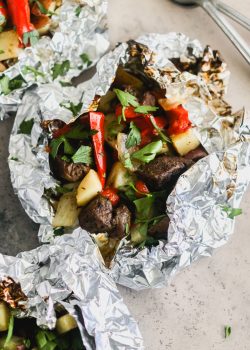 Steak and Pepper Foil packets on the grill