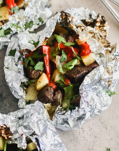 Steak and Pepper Foil packets on the grill