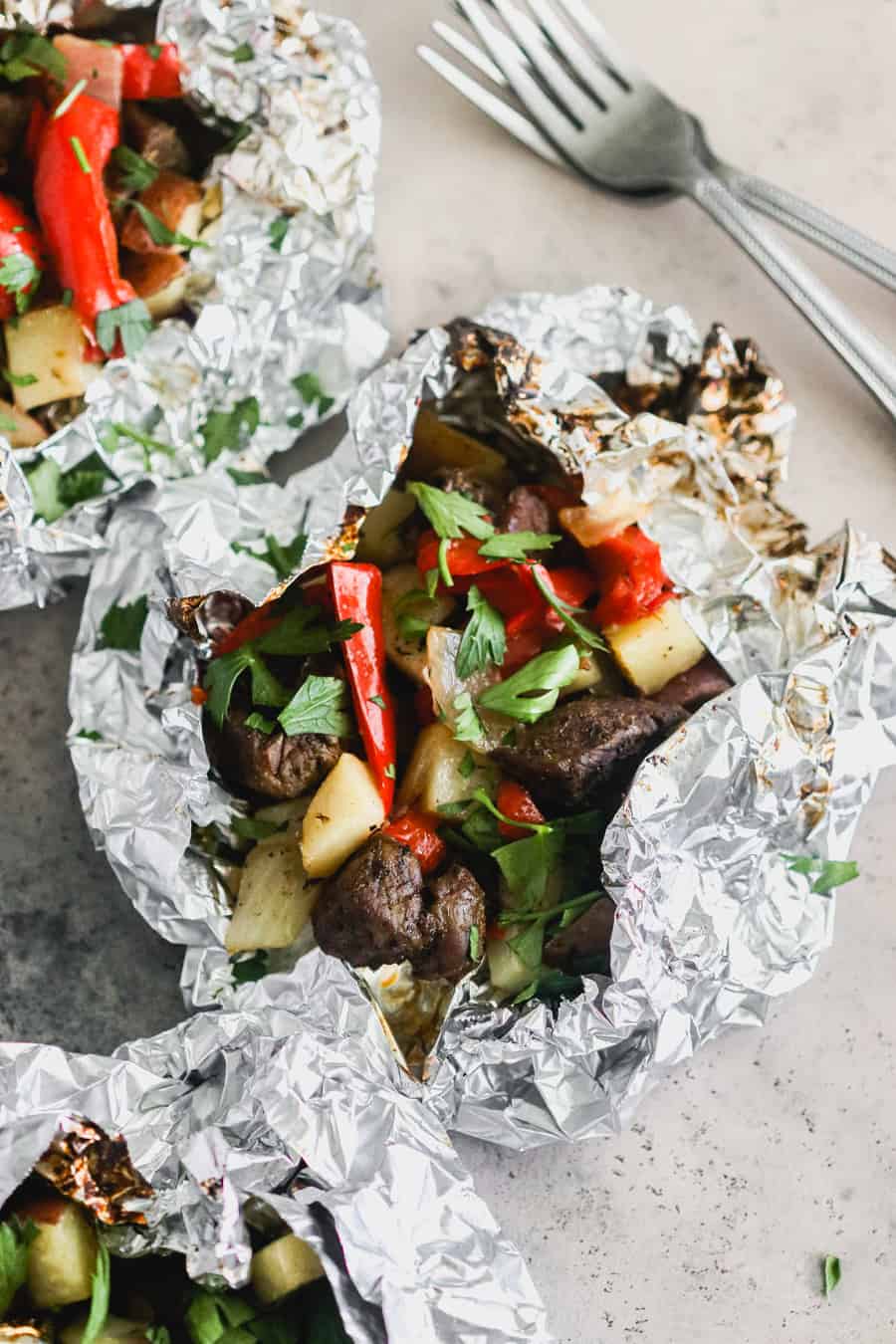 Steak and Pepper Foil packets on the grill