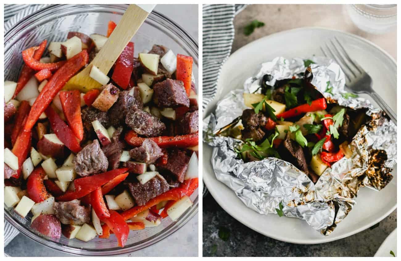 Steak and Pepper Foil packets on the grill