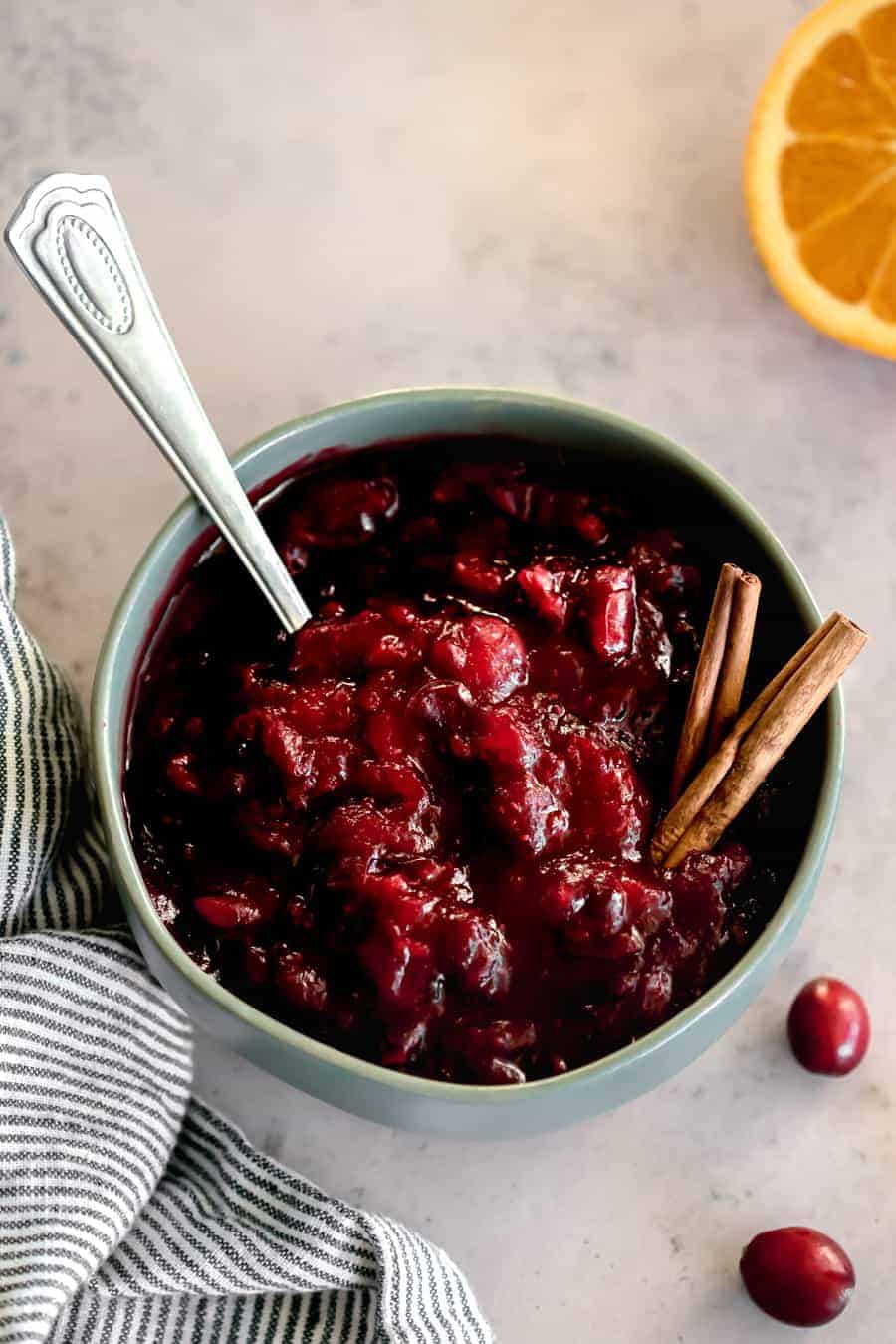 homemade cranberry sauce in a teal bowl